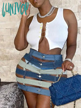 Lunivop Denim Colorblock Skirt For Women High Waist Hollow Out Patchwork Pockets Skirts Female